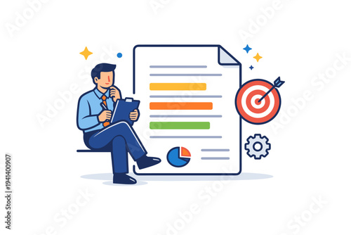 Business analyst document review conveyed through a calm character seated beside a document with highlighted insights, reflecting focus, clarity, and