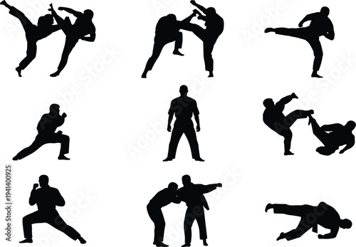 Set of Martial Arts Silhouettes Featuring Karate Fighters in Various Poses Including High Kicks Punching Sparring Grappling and Traditional Combat Stances