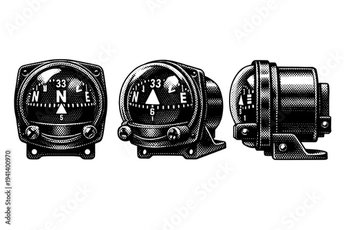Magnetic compass aviation gauge with domed glass, directional markings, and mounting bracket shown in frontal, three-quarter, and side views highlighting