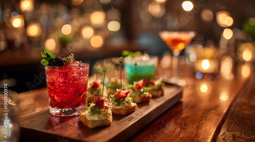 A festive happy hour atmosphere is created by a bar table filled with elegantly arranged colored cocktails and gourmet appetizers, which are enhanced by soft bokeh background.