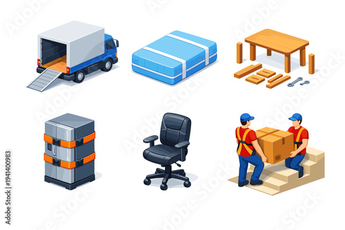 Furniture Transport. Isometric flat vector icons set of Furniture Transport: moving truck with ramp, mattress wrapped in cover, dining table disassembled