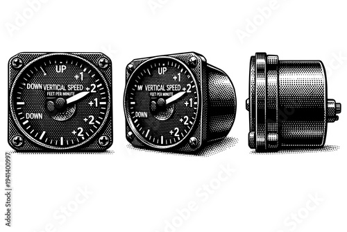 Vertical speed indicator with circular scale, climb and descent markings, and pointer needle illustrated in frontal, perspective, and side views emphasizing