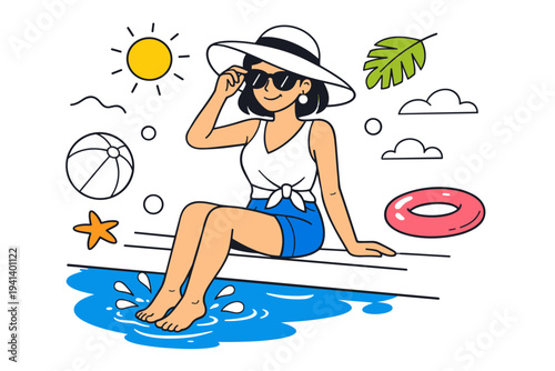 Summer Fashion by the Water. A relaxed character adjusting sunglasses while sitting at the edge of a bright blue pool, toes touching the water. A chic hat