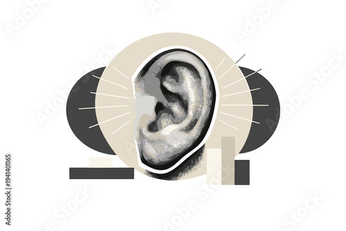 Black and white retro-style close-up of a human ear with detailed photographic texture, bold white cut-out outline around the ear, layered with a soft beige