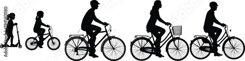 People of different ages riding bicycles and scooter silhouettes for family outdoor activity, healthy lifestyle, cad drawing flat vector illustration