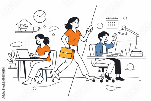 Hybrid work lifestyle. Split scene showing home desk on one side and office desk on the other, same person transitioning smoothly between spaces. Balance,