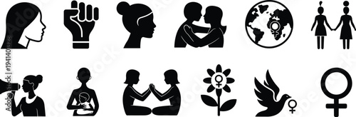 Women empowerment and feminism icon set featuring female symbols, protest, equality, motherhood, solidarity and gender rights silhouettes