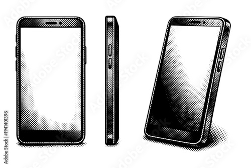 Smartphone with buttons A realistic smartphone highlighting power and volume buttons integrated into the frame shown from front, side, and angled views as a