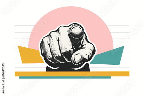 Black and white hand pointing directly toward the viewer, strong frontal perspective, oversized pastel pink semicircle rising behind the gesture, mustard