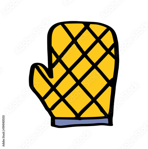 Oven Mitt Illustration, Hand Drawn Quilted Kitchen Glove Doodle, Yellow Cooking Heat Protector Icon for Bakery and Home Concept