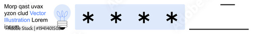 Cybersecurity, password protection, digital privacy, authentication, secure login, encryption. Asterisks in password field with lightbulb icon. Cybersecurity and password protection