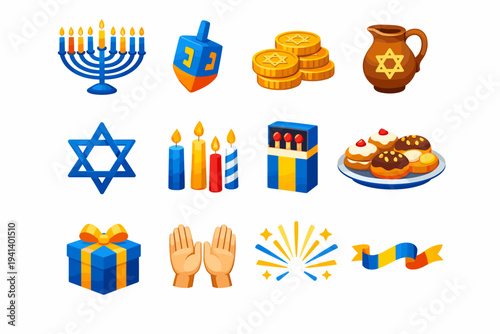 Hanukkah symbols. Colorful flat vector icons set of Hanukkah symbols: menorah, dreidel, gelt coins, oil jug, Star of David, candles set, matchbox, holiday