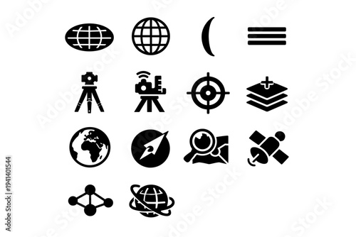 Cartography Concepts. Solid icon set of Cartography Concepts: map projection, globe outline, meridian curve, parallel lines, surveying tripod, geographic