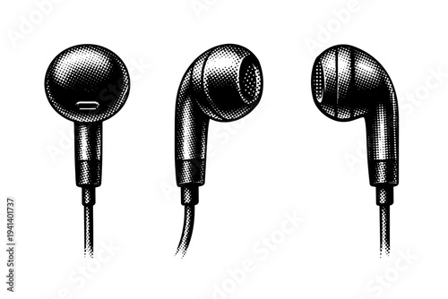 Wired earbud A classic wired earbud with rounded shell, sound port, and cable junction shown straight-on, angled, and side profile views as one isolated object