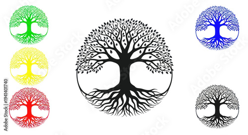 Tree of Life Symbol - Circle Design with Roots and Branches in Multiple Colors