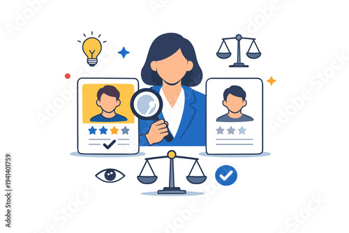 Recruitment decision process visualized as a recruiter comparing a highlighted candidate profile with minimal rating symbols, suggesting insight, fairness and