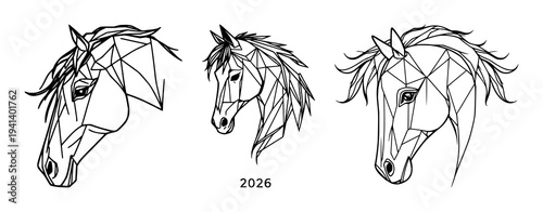 Horse head set with symmetrical line art design featuring geometric shapes, intricate polygonal patterns, 2026 Year of the Horse with white background and equine