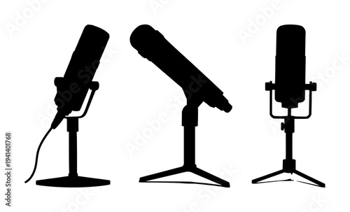 Modern broadcasting microphone set with a sleek black silhouette featuring professional design, media production, studio equipment with audio technology and voice recording