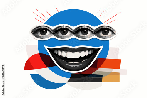 Surreal modern-retro composition with duplicated black and white eyes aligned horizontally and a sharp graphic smile beneath, vibrant blue circle dominating