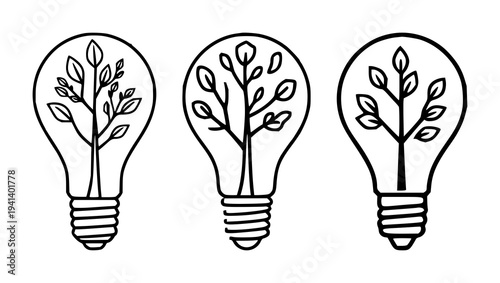 Tree-lightbulb set with minimalist pictogram inside a bright green idea symbol featuring bold lines, simple illustration, green color with white background and corporate icon