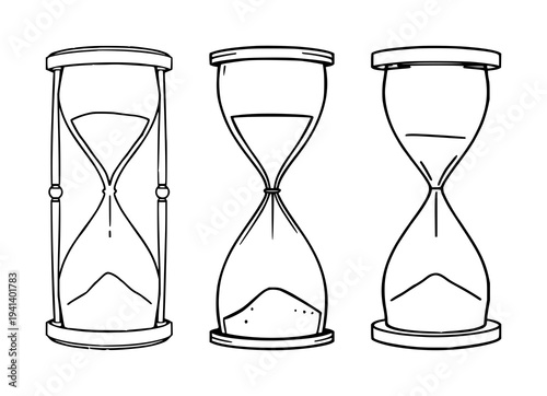 Hourglass set with minimalist line art of an hourglass and sand piling at the bottom featuring temporal decor, black ink, white background with black and white and minimalism