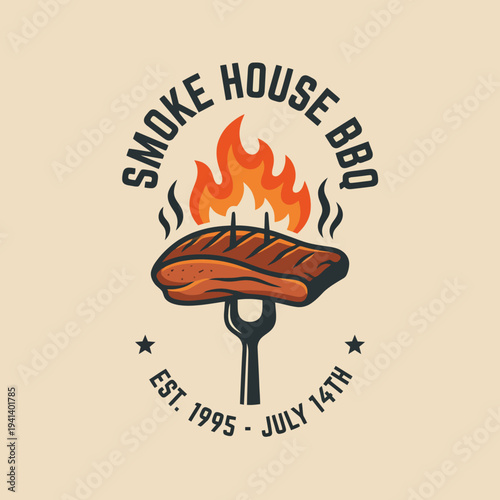 Featuring a sizzling piece of meat and flames, this logo captures the essence of a classic smoke house BBQ, blending traditional culinary flair with modern graphic design.