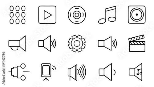 Thirty minimalist white outline icons depicting multimedia file management and sharing functions are neatly organized in rows on a plain black background.