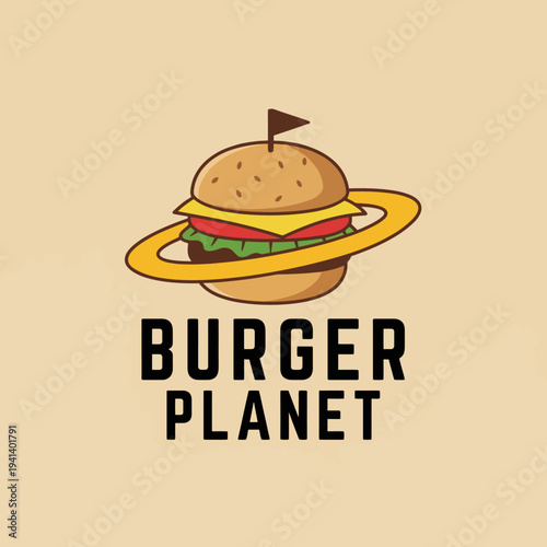 This playful image features a burger planet, uniquely combining culinary delight with cosmic themes, representing a fun and imaginative approach to modern dining and food culture.