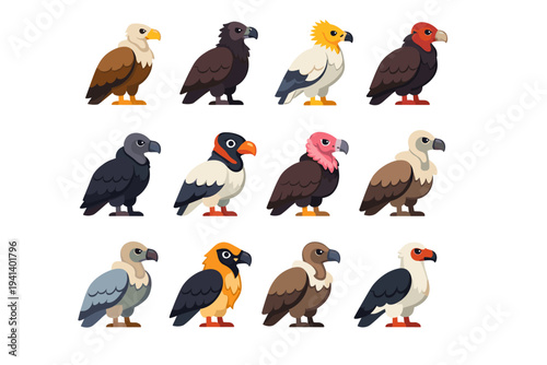 Vulture Species. Colorful flat vector icons set of vulture species: griffon vulture, cinereous vulture, egyptian vulture, turkey vulture, black vulture, king