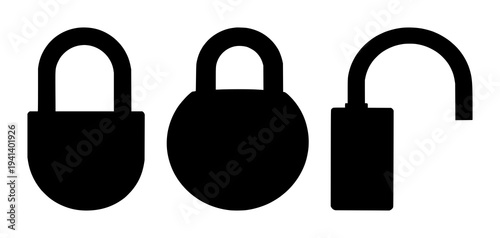 Padlock set with solid black silhouette of heavy-duty industrial padlock in an open position featuring security, access, industrial with black and white