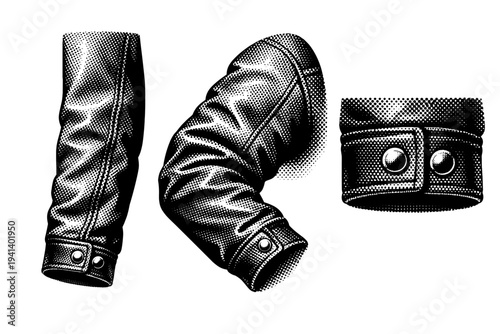 Jacket sleeve detail, a realistic jacket sleeve shown extended, bent, and cuff-close-up as three object representations focusing on construction and thickness.