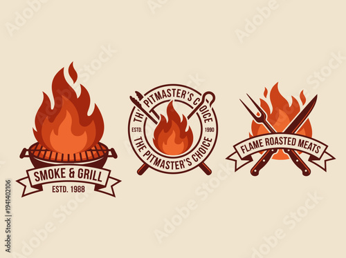 This image showcases the logo for Smoke & Grill, emphasizing its dedication to flame-roasted meats, featuring a grill and flames that evoke a fiery passion for barbecue.