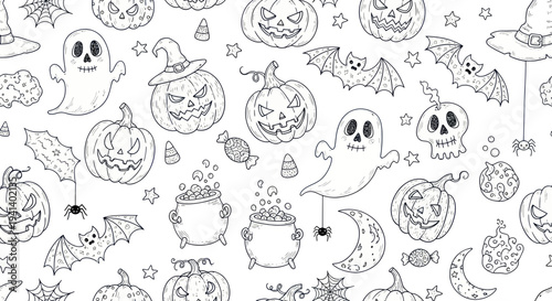 Halloween Doodle Seamless Pattern: Ghosts, Pumpkins, Bats, Witch Hats, Cauldrons