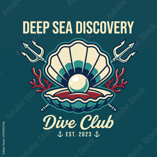 A captivating logo featuring a gleaming pearl nestled in a seashell, reflecting adventure and wonder beneath the waves, ideal for dive clubs and ocean exploration.