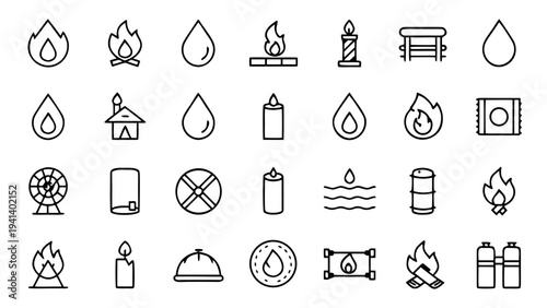 Thirty white vector line icons representing gas appliances and residential gas infrastructure are displayed in an orderly grid on a black background.