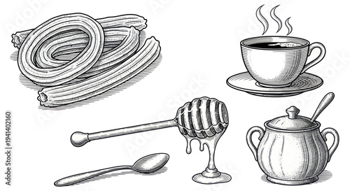 Hand-drawn Churros, Coffee, Honey, and Sugar Bowl Sketch