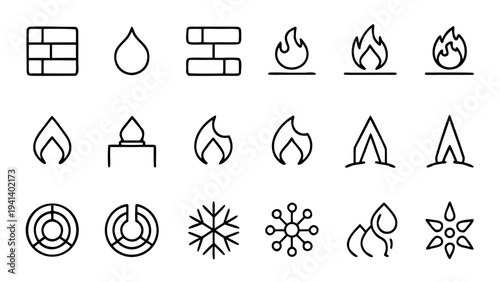 A collection of thirty white vector outline icons depicting natural gas industrial infrastructure is organized in a grid format on a dark black background.
