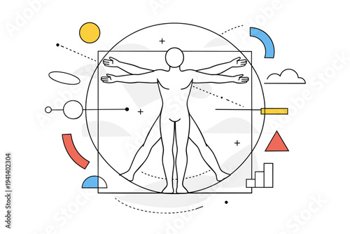 Renaissance Masterpiece. Simplified human figure inspired by classical proportions, arms extended, surrounded by circles and lines. The mood is harmonious and