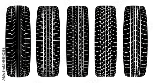 Set of 5 different tire tread patterns isolated on white background
