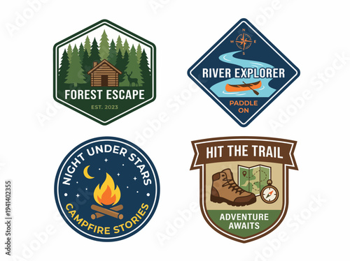 This collection of badges captures various outdoor themes including forests and rivers, inspiring adventure and exploration in nature. Perfect for camping and outdoor brands.