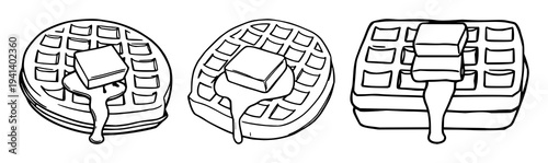 Belgian waffle set with flat 2D illustration on white background featuring Belgian waffle, butter cube, breakfast with flat 2D illustration and simple lines