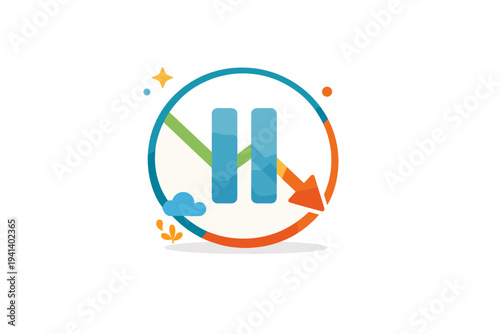 Late capitalism fatigue represented by a muted badge combining a pause symbol and fading growth arrow, delivering a quiet message of burnout, reflection, and