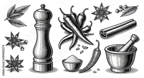 Spices and Seasonings Collection: Chili Peppers, Star Anise, Cinnamon, Bay Leaves, Pepper Mill, Mortar and Pestle