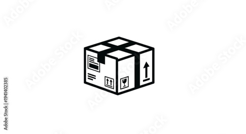 Detailed vector image of a cardboard shipping box featuring international handling icons, fragile symbols, directional arrows, and a shipping label for logistics.