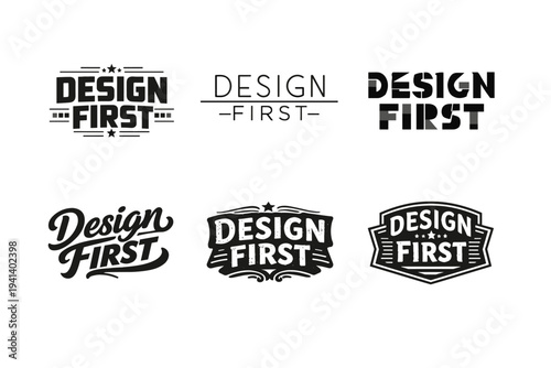 Design First. Set lettering. harmonious lettering variations of the same emblematic concept, each with different artistic interpretation (Blocky sans-serif