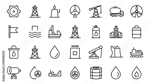 Collection of thirty thin line icons for the oil industry featuring various drilling rigs and extraction platforms isolated on a solid black background.