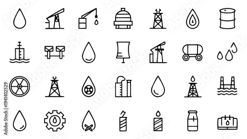 Set of thirty minimalist outline icons for the oil industry depicting refinery towers and tanker transport vessels isolated on a solid black background.