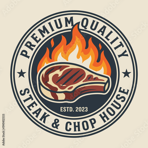An eye-catching logo with stylized meat graphics and flames, representing a high-end steak and chop house atmosphere, perfect for attracting meat lovers and food enthusiasts.