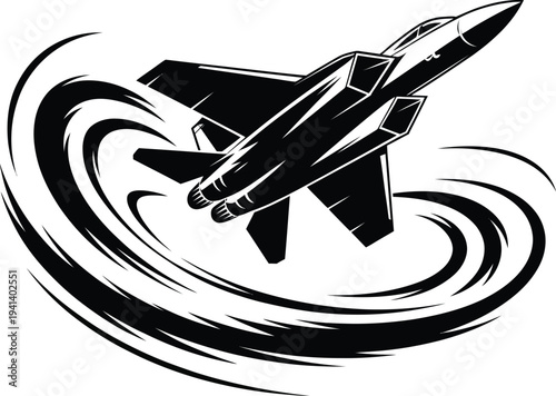 Fighter jet barrel roll illustration, military aircraft executing aerial stunt with motion lines and smoke trail in high speed aviation vector design.