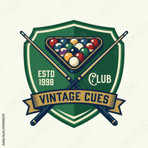 A classic logo representing a billiards club with crossed cues and a vibrant pool table, encapsulating the timeless appeal and community spirit of pool enthusiasts.